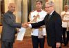 Carlos Rafael Polo Castaneda, Ambassador designate of Peru presenting his credentials to the President Ram Nath Kovind at Rashtrapati Bhavan in New Delhi on Tuesday. (UNI)