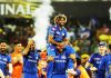 Players of Mumbai Indians celebrating victory while lifting IPL 2019 title at Hyderabad on Sunday.