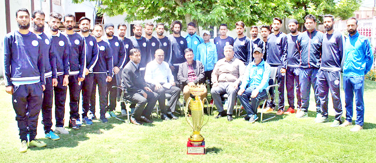 Members of JKP Football team posing along with ADGP Armed SJM Jillani during felicitation function in Srinagar on Wednesday. Members of JKP Football team posing along with ADGP Armed SJM Jillani during felicitation function in Srinagar on Wednesday.