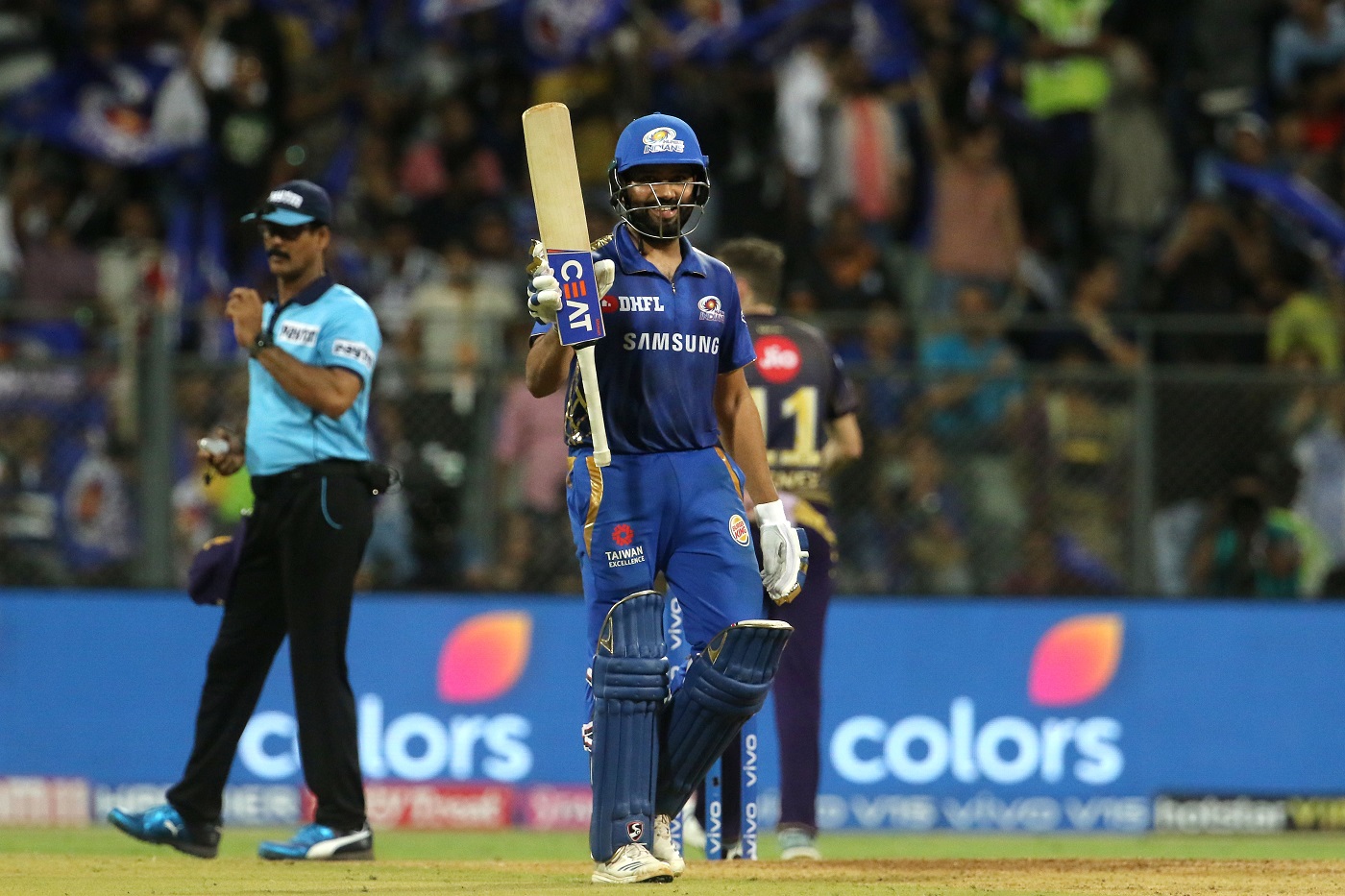 Rohit Sharma celebrating his half-century against Kolkata Knight Riders at Mumbai on Sunday. Rohit Sharma celebrating his half-century against Kolkata Knight Riders at Mumbai on Sunday.