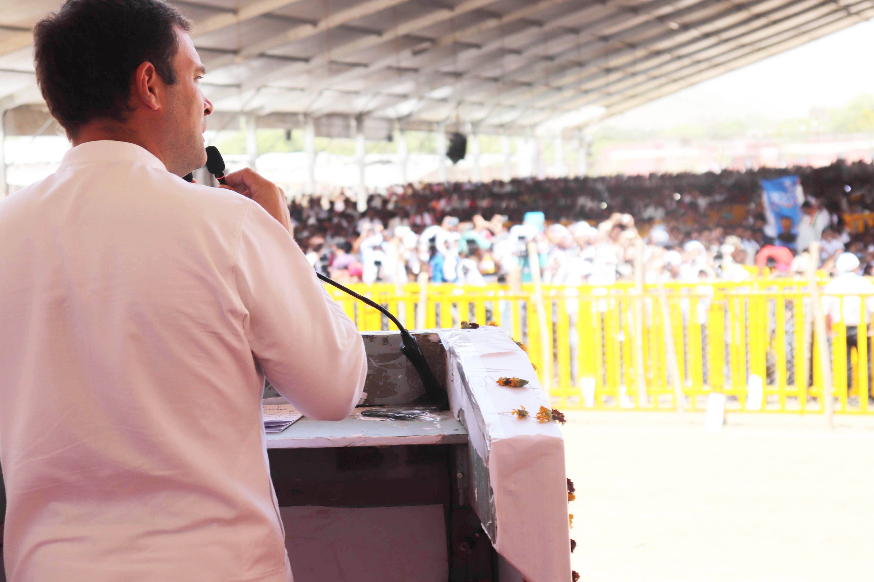 Congress President Rahul Gandhi addressing an election rally at Kund Pahadi Maidan, Jatara, (District Tikamgarh) in Madhya Pradesh on Tuesday. (UNI) Congress President Rahul Gandhi addressing an election rally at Kund Pahadi Maidan, Jatara, (District Tikamgarh) in Madhya Pradesh on Tuesday. (UNI)
