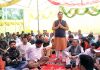 Former Minister Sunil Kumar Sharma expressing his views during protest at Kishtwar.
