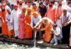 Union Minister Dr Jitendra Singh performing traditional "Pooja" at river Devika Ghat at Udhampur on Saturday.