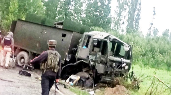 An Army vehicle, which was damaged in IED blast in Pulwama on Monday. -Excelsior/Younis Khaliq