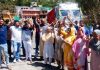 Locals protesting for construction of foot bridge near Jakhani in Udhampur on Monday.