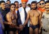 Wrestlers being felicitated during Dangal organised by Jai Baba Kaliver at Bishnah.