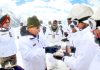 Defence Minister Rajnath Singh during inter-action with Army soldiers at Siachen Glacier on Monday. Another pic on page 6.