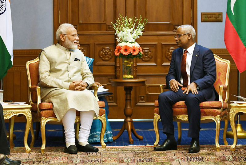 Prime Minister Narendra Modi meeting President of Maldives Ibrahim Mohamed Solih in Male, Maldives on Saturday. (UNI)