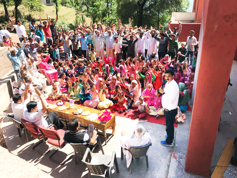 Pawan Gupta addressing gathering during a programme at village Bani, Panchayat Gandala on Friday.