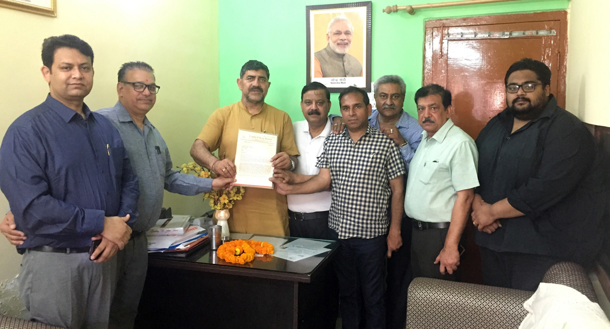 Delegation of Laghu Udyog Bharti submitting a memorandum to MP, Jugal Kishore Sharma at Jammu on Sunday. Delegation of Laghu Udyog Bharti submitting a memorandum to MP, Jugal Kishore Sharma at Jammu on Sunday.