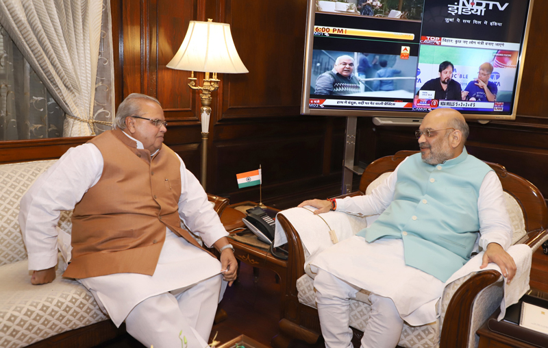 Governor Satya Pal Malik in a meeting with Union Home Minister Amit Shah on Saturday.