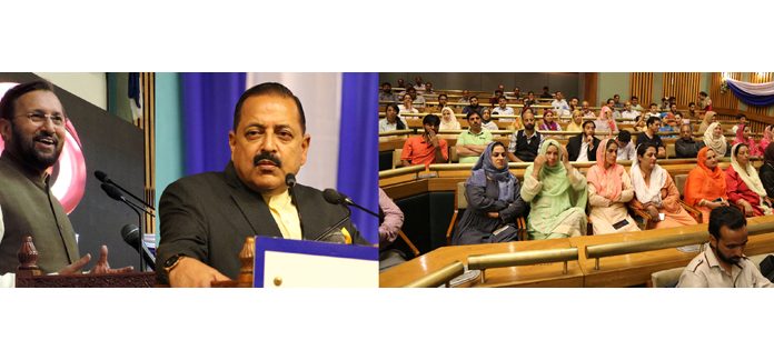 Union Ministers Prakash Javadekar and Dr Jitendra Singh addressing the gathering during distribution of DD Free Dish Set Top Boxes at SKICC in Srinagar on Saturday. —Excelsior/Shakeel