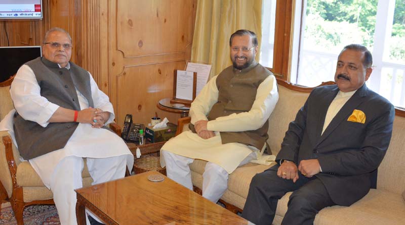 Union Ministers Prakash Javadekar and Dr Jitendra Singh meeting with Governor Satya Pal Malik in Srinagar on Saturday.