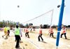 Players in action during a Volleyball match at Subash Stadium in Udhampur on Thursday.