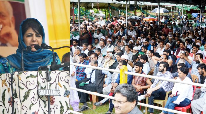 PDP president Mehbooba Mufti addressing the gathering on party’s ‘Raising Day’ in Srinagar on Sunday.