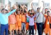 Shri Amarnath Ji pilgrims chanting ‘Bum Bum Bholey’ at Bhagwati Nagar Yatri Niwas as yatra remains suspended on Sunday. —Excelsior/Rakesh