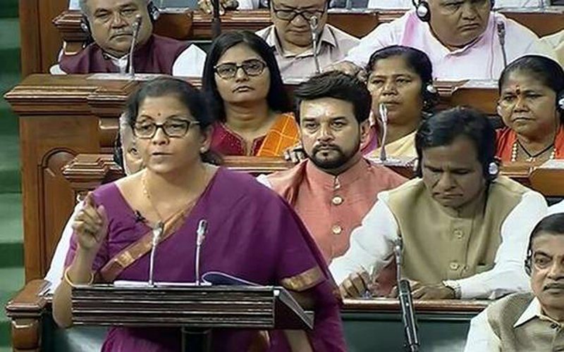 TV grab shows Union Finance Minister Nirmala Sitharaman presenting the General Budget 2019-20 at Parliament House in New Delhi on Friday. (UNI)