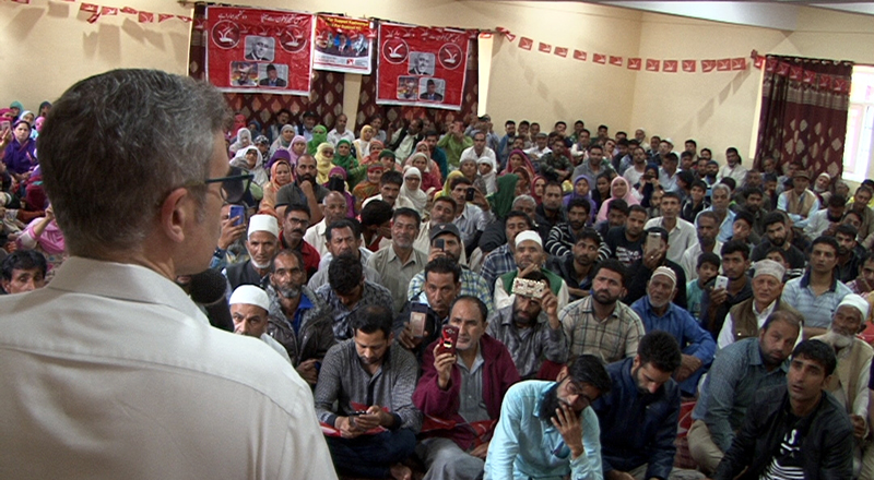 National Conference vice president Omar Abdullah addressing workers’ convention in Eidgah constituency of Srinagar on Thursday.