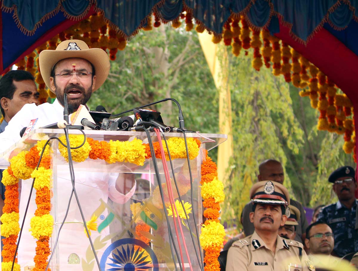 Union Minister of State for Home Affairs G Kishan Reddy addressing during 81 Raising Day Celebration of Central Reserve Police Force (CRPF) at Chandrayanagutta, in Hyderabad on Saturday. (UNI)
