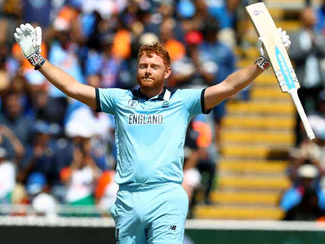 Jonny Bairstow celebrates his century during the World Cup match against New Zealand at Chester-le-Street.