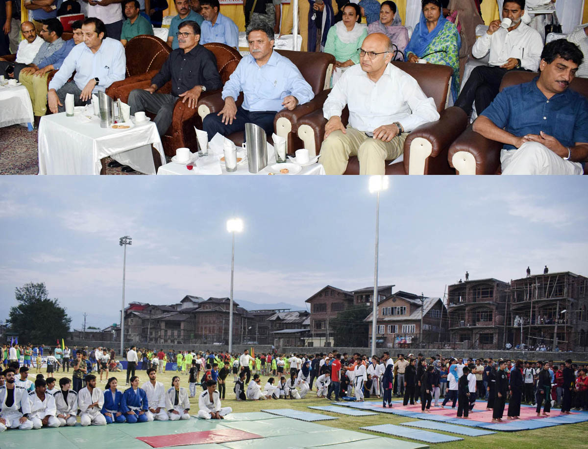 Advisors to Governor while inspecting proceedings during installation of floodlights at Ghani Memorial Stadium in Srinagar.