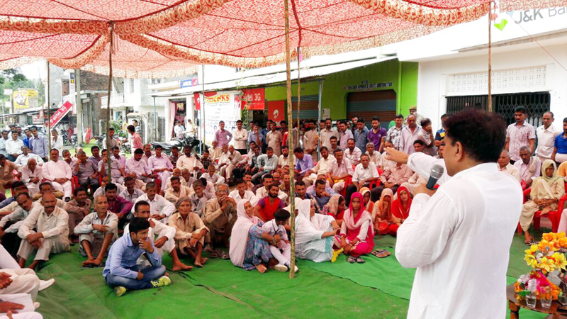 NPP leader Harsh Dev addressing public meeting in Majalta area of Udhampur.