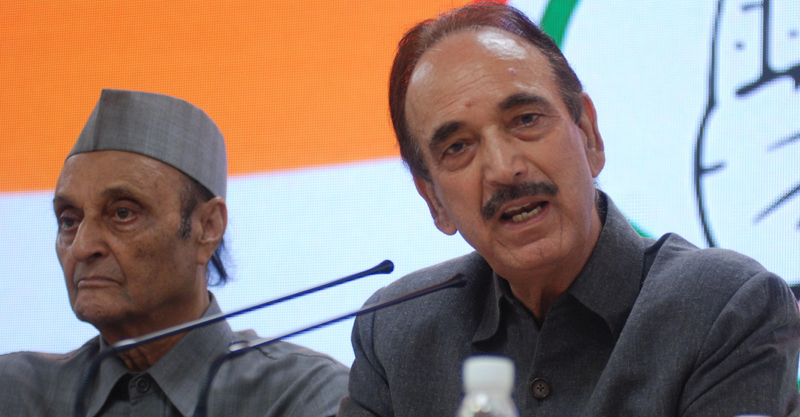 Congress senior leader Ghulam Nabi Azad addressing a press conference at AICC headquarters in New Delhi on Saturday. Congress leader Dr Karan Singh is also seen. (UNI)