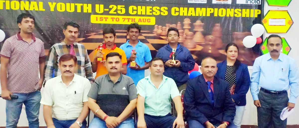 Winners of National Chess Championship and dignitaries posing for group photograph at Jammu on Monday.