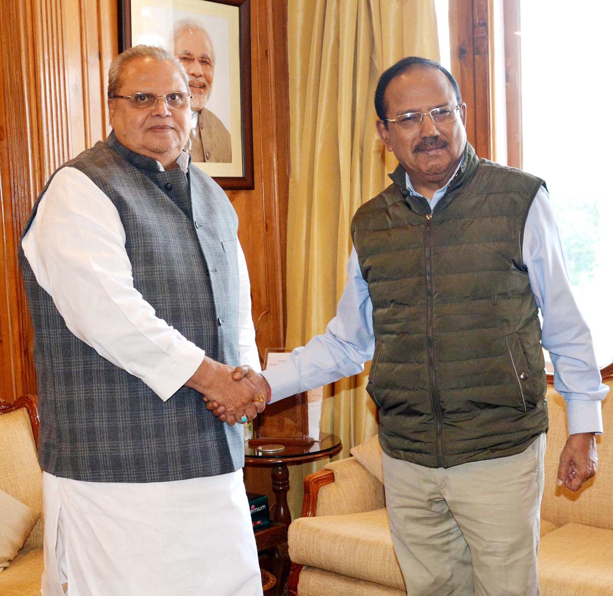 Governor Satya Pal Malik and NSA Ajit Doval during a meeting in Srinagar on Tuesday. Governor Satya Pal Malik and NSA Ajit Doval during a meeting in Srinagar on Tuesday.