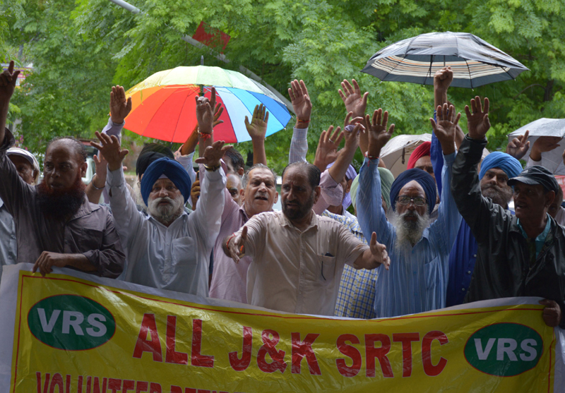 VRS given SRTC workers staging protest near Press Club in Jammu on Saturday. -Excelsior/ Rakesh VRS given SRTC workers staging protest near Press Club in Jammu on Saturday. -Excelsior/ Rakesh
