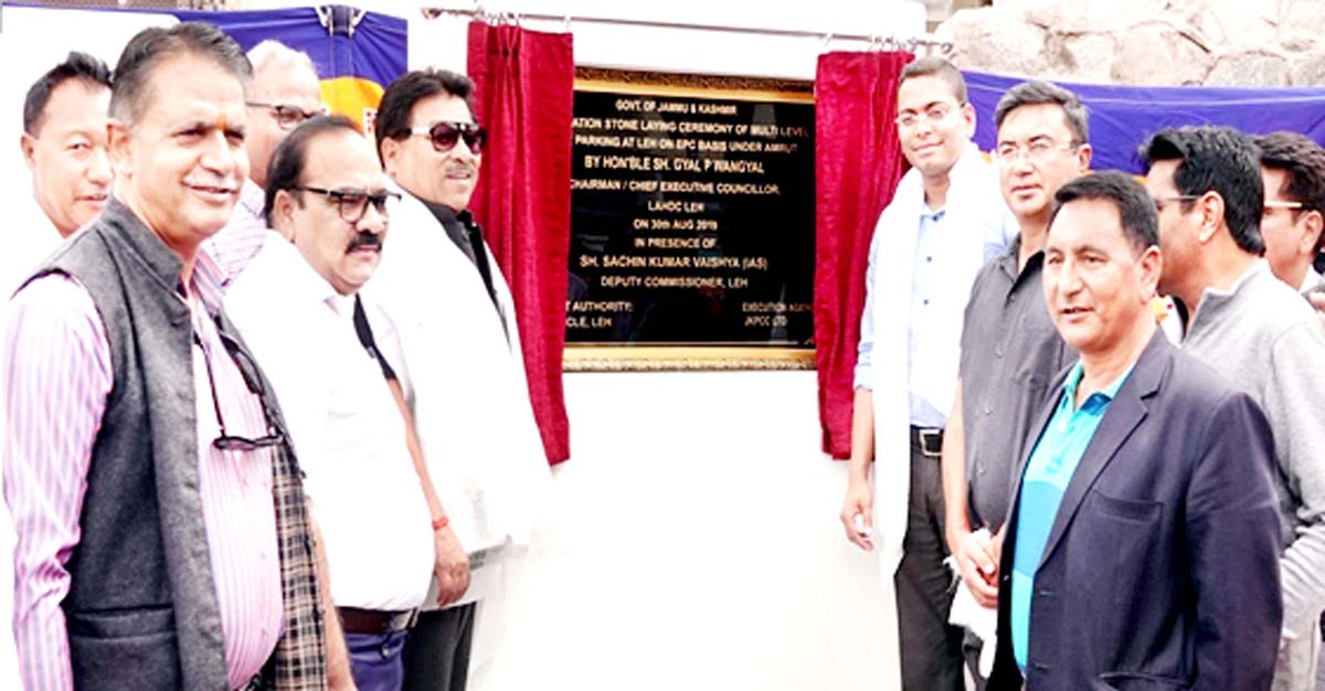 Chairman, LAHDC, Gyal P Wangyal laying foundation stone of Multi Level Car Parking facility in Leh on Friday. Chairman, LAHDC, Gyal P Wangyal laying foundation stone of Multi Level Car Parking facility in Leh on Friday.