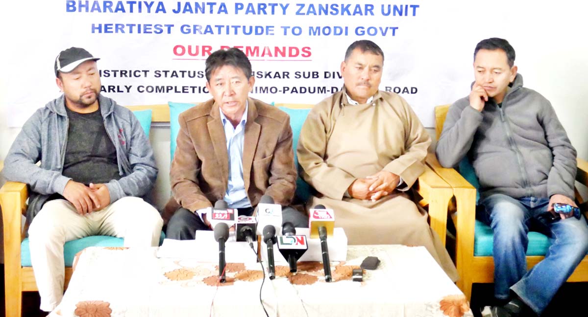 BJP Zanskar Regional Coordinator, Councillor Stanzin Lakpa flanked by other BJP leaders, addressing a press conference at Leh. -Excelsior/Morup Stanzin BJP Zanskar Regional Coordinator, Councillor Stanzin Lakpa flanked by other BJP leaders, addressing a press conference at Leh. -Excelsior/Morup Stanzin