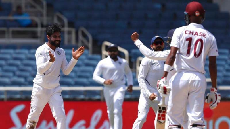 Indian players celebrating dismissal of West Indies batsman Roston Chase during 2nd Test at Kingston. Indian players celebrating dismissal of West Indies batsman Roston Chase during 2nd Test at Kingston.