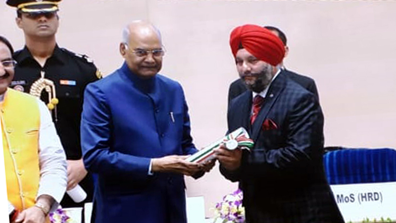 President, Ram Nath Kovind presenting the National Award to Gurnam Singh, Master, Government Upper Primary School, Lahari, Barnoti District Kathua in New Delhi on Thursday. President, Ram Nath Kovind presenting the National Award to Gurnam Singh, Master, Government Upper Primary School, Lahari, Barnoti District Kathua in New Delhi on Thursday.