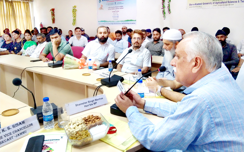 BJP MP (RS) Shamsher Singh Manhas during a farmers’ workshop at SKUAST, Jammu on Wednesday. BJP MP (RS) Shamsher Singh Manhas during a farmers’ workshop at SKUAST, Jammu on Wednesday.