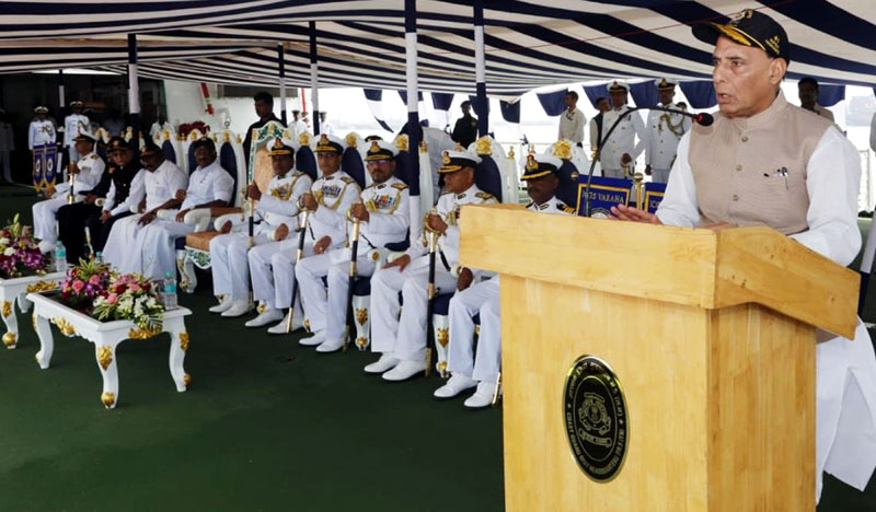 Defence Minister Rajnath Singh addressing at the function after formally commissioning the Indian Coast Guard Ship ICGS 'Varaha' at Chennai Port on Wednesday. (UNI) Defence Minister Rajnath Singh addressing at the function after formally commissioning the Indian Coast Guard Ship ICGS 'Varaha' at Chennai Port on Wednesday. (UNI)
