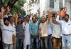Contractors staging protest in front of Irrigation Complex, Canal Road, Jammu. -Excelsior/Rakesh