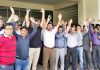 PDD employees staging protest in Jammu on Tuesday.