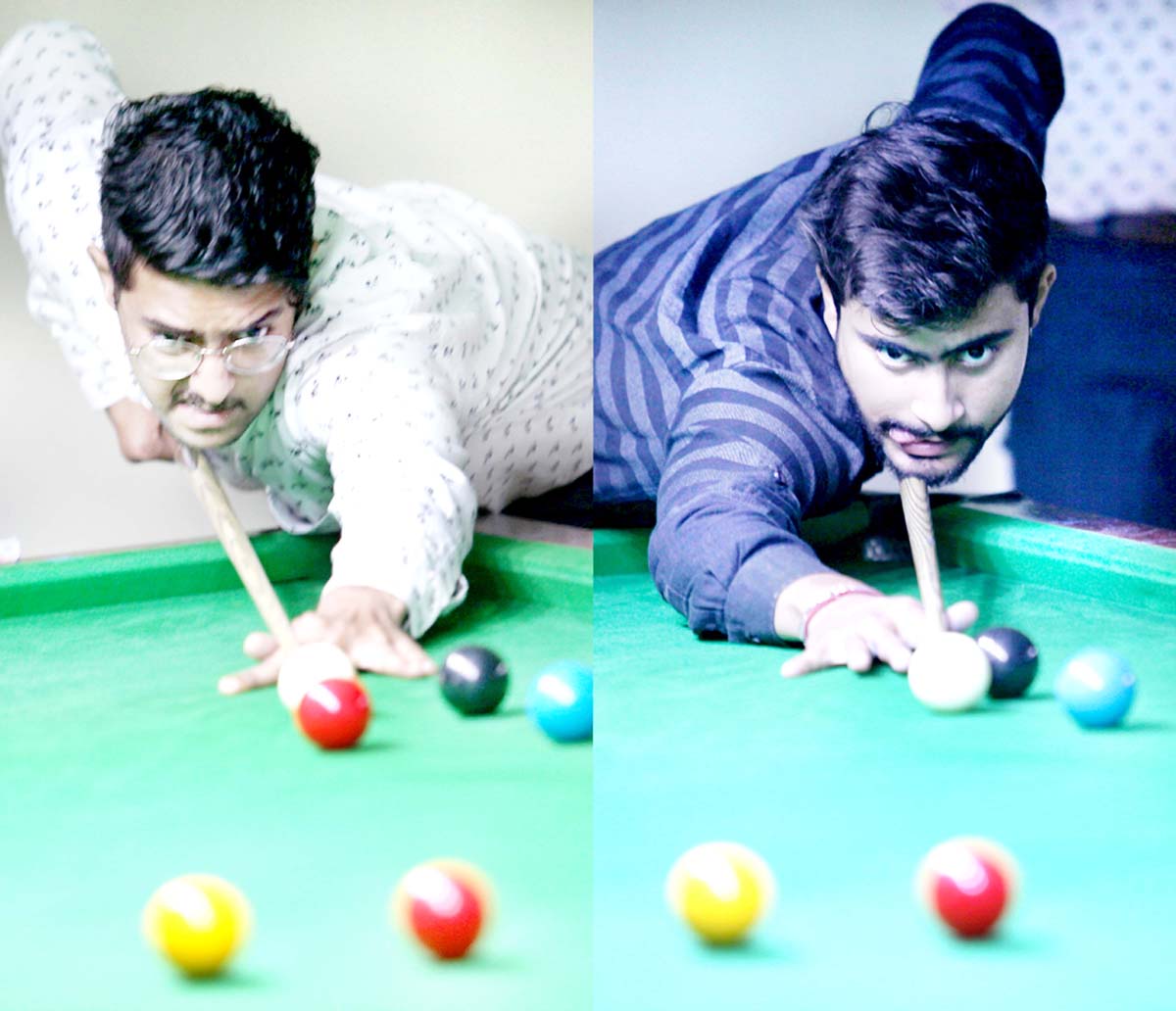 Cueists Mohit Malhotra and Varun Sethi in action during their match in Senior Snooker at Billiards Hall, MA Stadium, Jammu on Saturday. -Excelsior/Rakesh Cueists Mohit Malhotra and Varun Sethi in action during their match in Senior Snooker at Billiards Hall, MA Stadium, Jammu on Saturday. -Excelsior/Rakesh