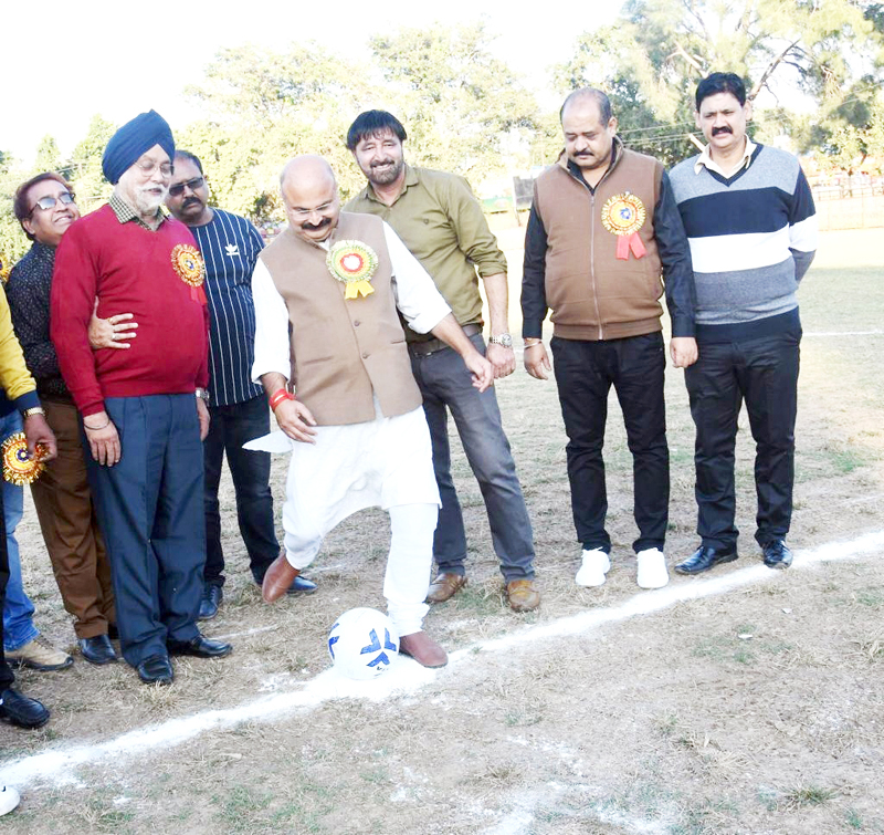 Senior BJP leader Yudhvir Sethi testing his soccer skills at GGM Science College Football ground in Jammu. Senior BJP leader Yudhvir Sethi testing his soccer skills at GGM Science College Football ground in Jammu.