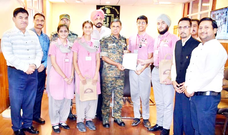 Jodhamal School students presenting cheque of Rs 2 lakh to IG CRPF at Jammu on Saturday. Jodhamal School students presenting cheque of Rs 2 lakh to IG CRPF at Jammu on Saturday.