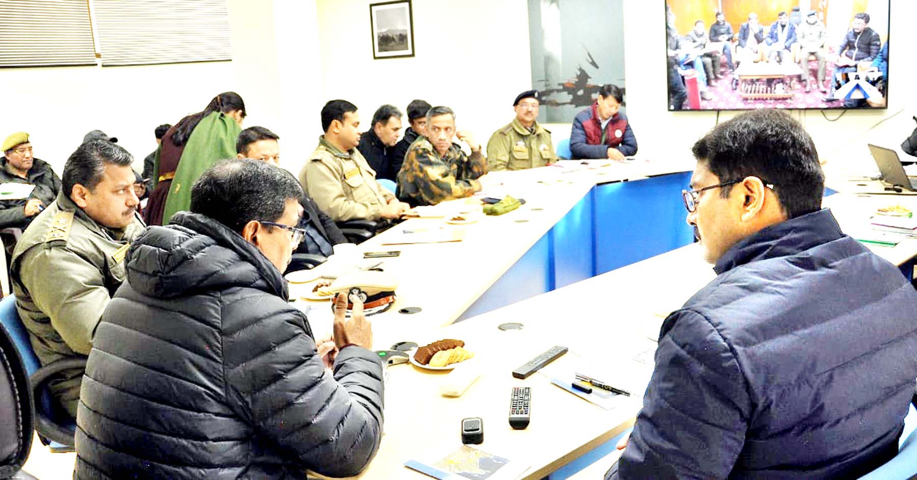 Project Director NCRMP, NDMA Dr Pardeep Kumar, Div Com Ladakh Saugat Biswas at a meeting in Leh on Monday. Project Director NCRMP, NDMA Dr Pardeep Kumar, Div Com Ladakh Saugat Biswas at a meeting in Leh on Monday.