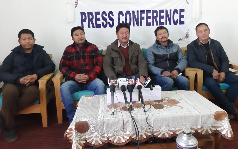 Members of All Ladakh Tour Operator Association addressing a press conference at Leh on Tuesday. Members of All Ladakh Tour Operator Association addressing a press conference at Leh on Tuesday.