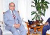 Lt Governor, GC Murmu meeting with Advisor K K Sharma & VC University of Jammu Manoj Dhar on Saturday.