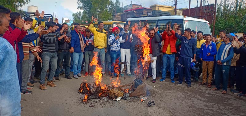 Transport operators staging protest at Udhampur on Thursday. Transport operators staging protest at Udhampur on Thursday.