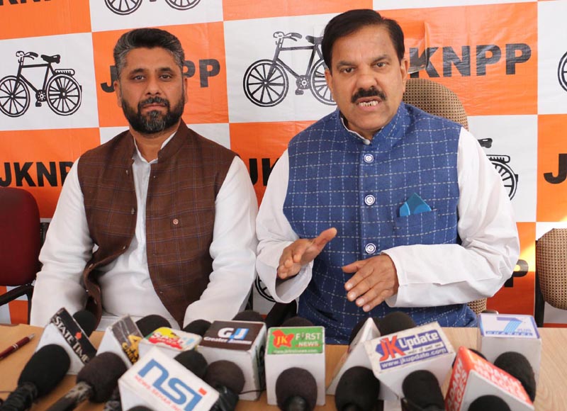 NPP leader Harsh Dev Singh addressing press conference in Jammu. NPP leader Harsh Dev Singh addressing press conference in Jammu.
