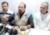 Leaders of Water Works (PHE) Employees Association addressing a press conference at Udhampur on Monday.