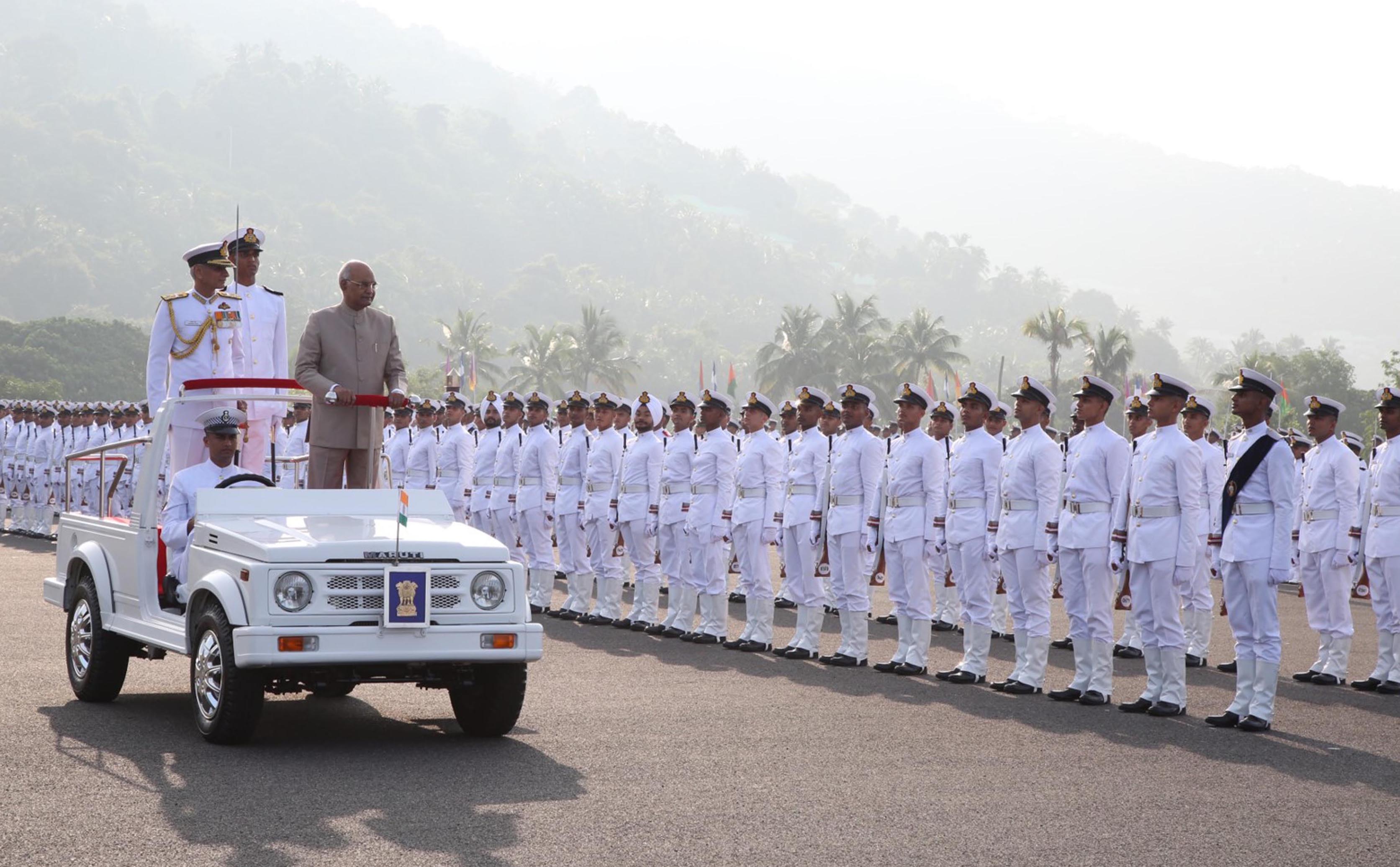 President Ram Nath Kovind inspecting a guard of honour prior to handover the President's Colour at Indian Naval Academy(INA), Ezhimala in Kannur on Wednesday. (UNI) President Ram Nath Kovind inspecting a guard of honour prior to handover the President's Colour at Indian Naval Academy(INA), Ezhimala in Kannur on Wednesday. (UNI)