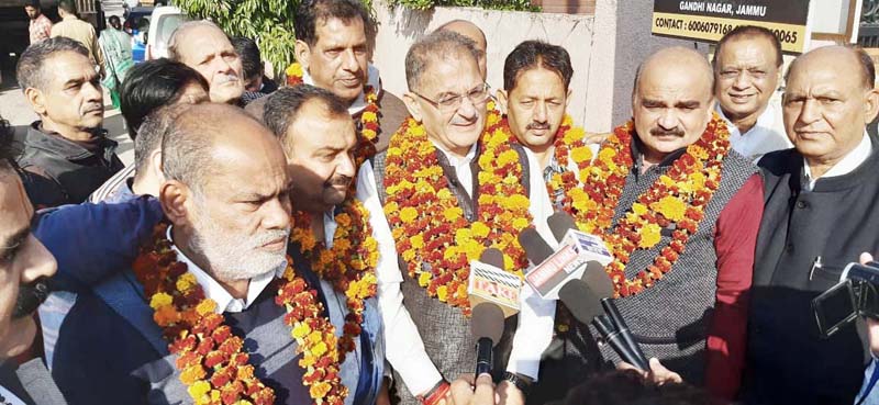 Former Deputy CM, Kavinder Gupta talking to reporters at Jammu on Tuesday. Former Deputy CM, Kavinder Gupta talking to reporters at Jammu on Tuesday.