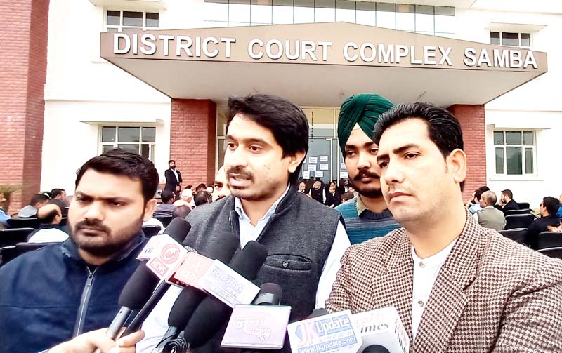 PYC president, Uday Chib talking to media-persons at Distt Court Complex, Samba. PYC president, Uday Chib talking to media-persons at Distt Court Complex, Samba.